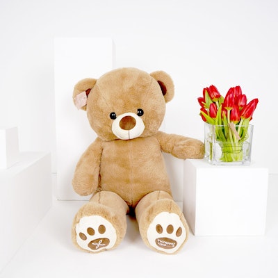 Medium Red Tulips Square Vase with a Medium Teddy Bear