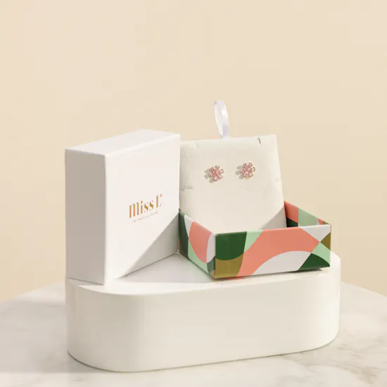 Miss L' by L'azurde Flower Diamond & Pink Stones Stud Earrings