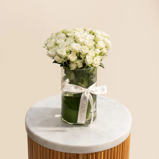 20 White Baby Roses Vase