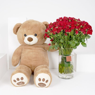 Large Red Baby Roses Cylinder Vase with a Large Teddy Bear