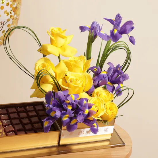 Abucci Golden Chocolate Tray and Flowers | Birthday Balloon Set
