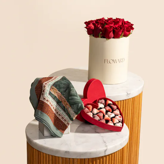 Emma Remal Scarf | Fleur Red Heart Chocolate Box and Flowers