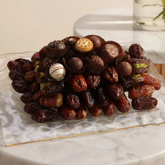 Bateel Small Dates and Chocolate Glass Tray | Sparkling Flower Vase