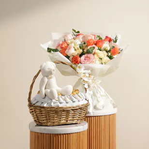 Le Chocolatier Dubai Baby Teddy Bear Chocolate Basket | Joyful Bouquet