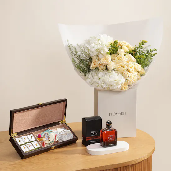 MyGovindas Rakhi Small Assorted Sweets Wooden Hamper | Stronger Together Perfume and Flowers
