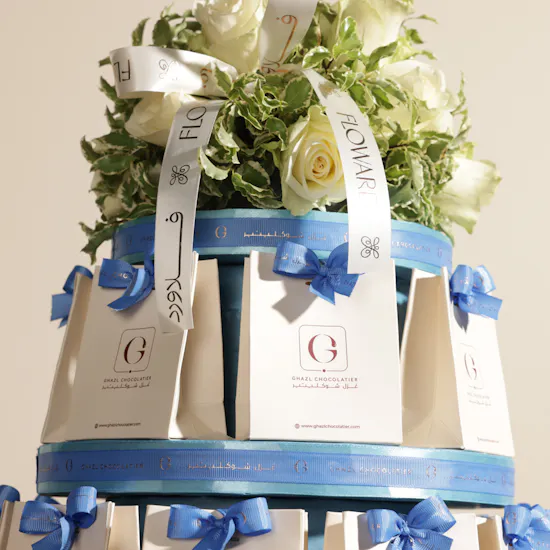 Ghazl Chocolatier New Baby Boy Favors Chocolate Tower | Pure Flowers