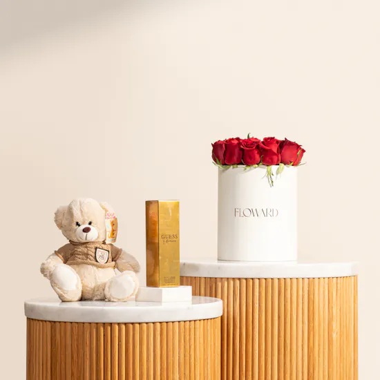 Guess By Marciano EDP for Women | Floward Small Teddy Bear and Red Flowers Box