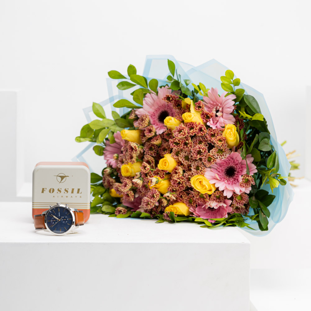 ساعة رجالي جلد من فوسيل | باقة زهور