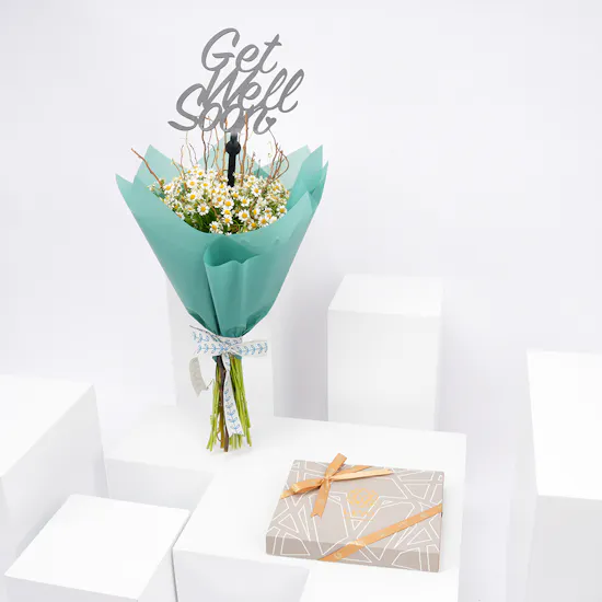 Levo Small Chocolate Box with Get Well Soon Blooms Bouquet