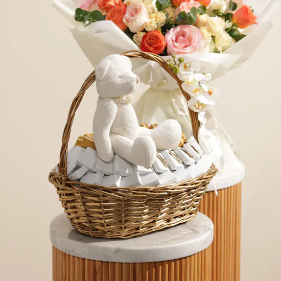 Le Chocolatier Dubai Baby Teddy Bear Chocolate Basket | Joyful Bouquet