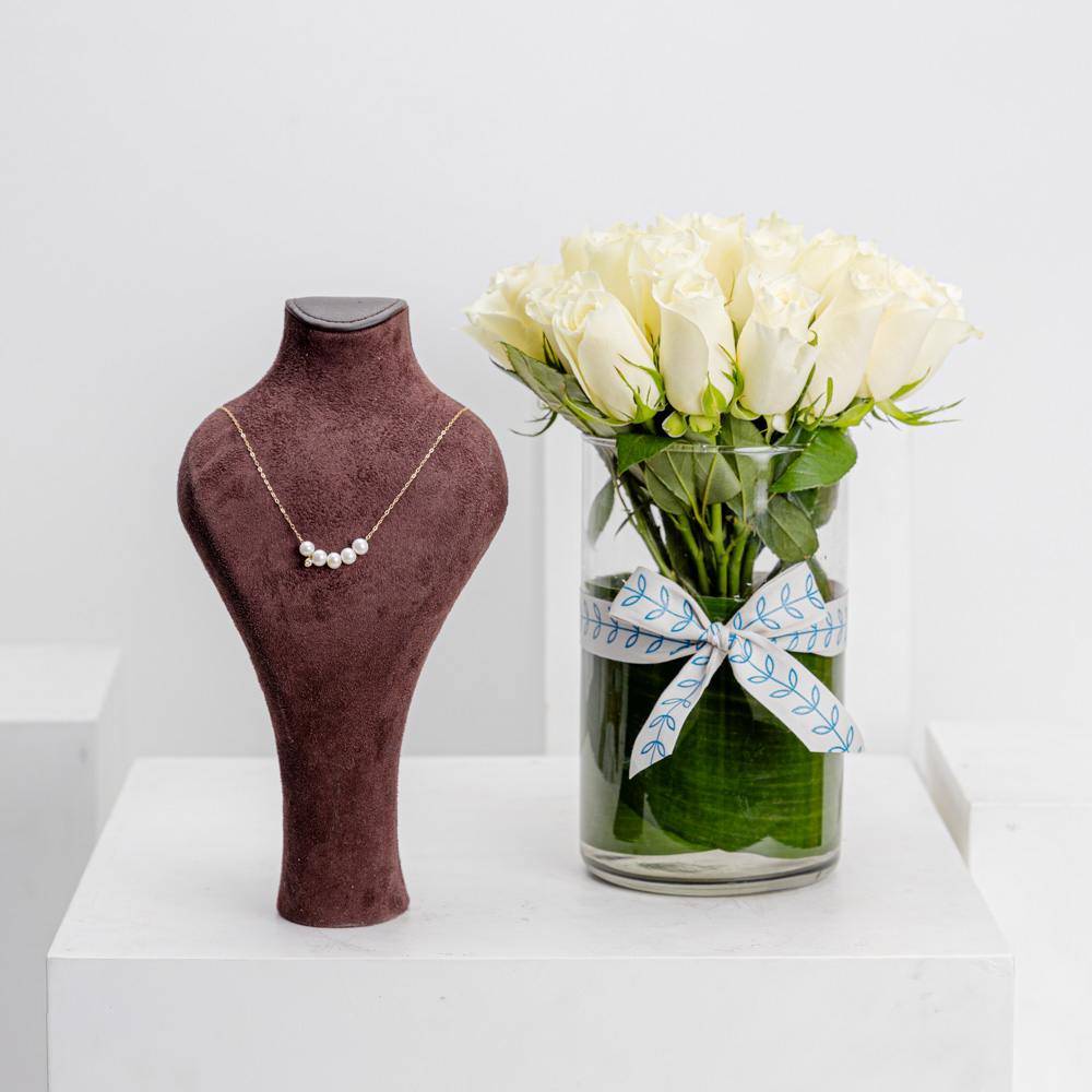 قلادة اللؤلؤ و الذهب من لازوردى | 25 جورى أبيض