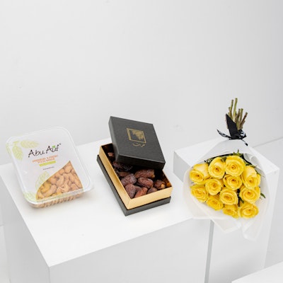 Smooked Cashews and Dates Box with Yellow Roses