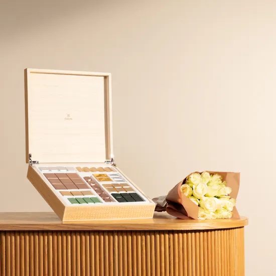 Patchi L'iconique Wooden Mix Chocolate Box | White Harmony Rose Bouquet