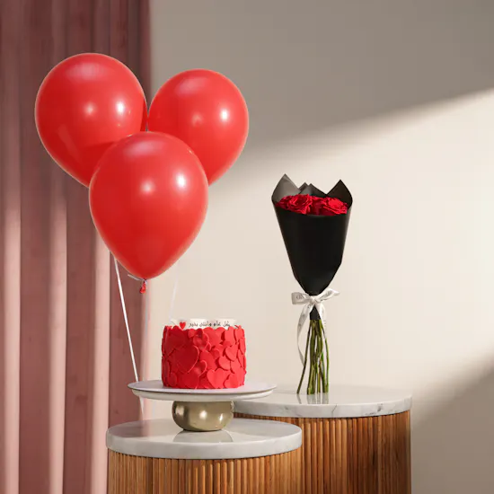 December Cake Red Hearts Customized Cake | Love Flowers and Balloons