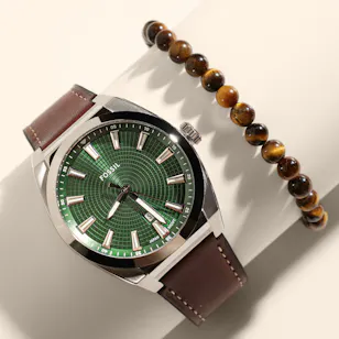 Fossil Everett  Brown Leather Men's Watch and Bracelet Set