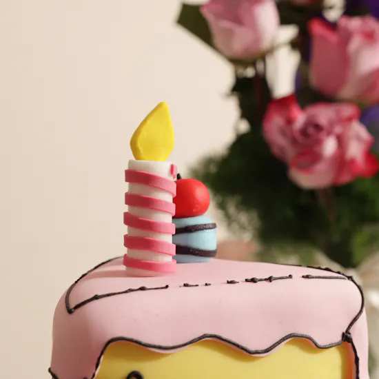 Floward Birthday Slice Comic Cake | Enchanting Flowers Vase and Balloons