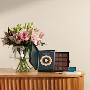 Floward 250 KWD Card and Chocolate Box | Pink Lily Vase
