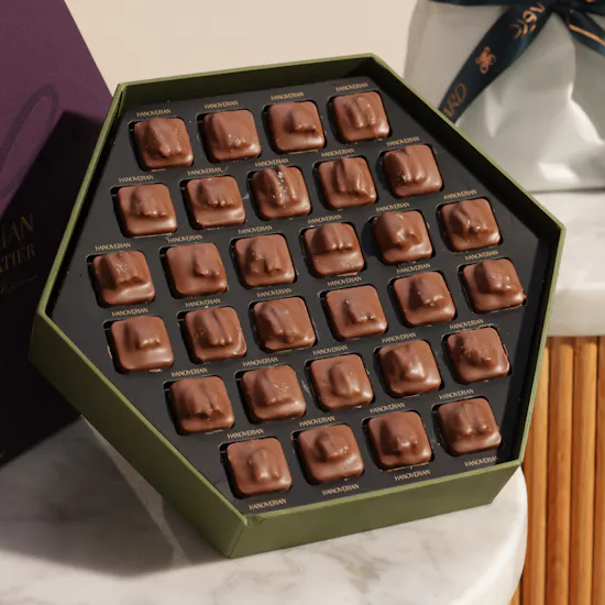 Hanoverian Salted Pecan Chocolate Box | Radiant Legacy Flower Bouquet