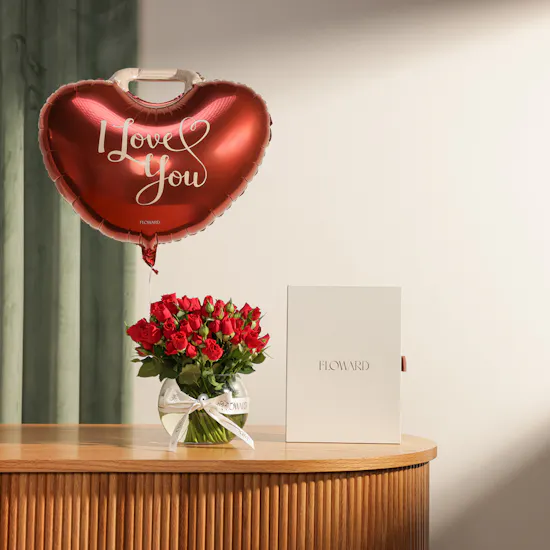 Floward 50 KWD Card and Chocolate Box | I Love You Balloon and Flowers