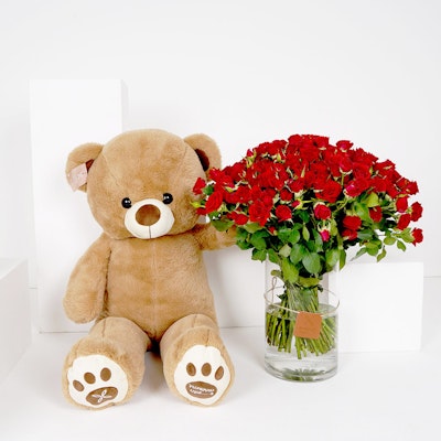Medium Red Baby Roses Cylinder Vase with a Medium Teddy Bear