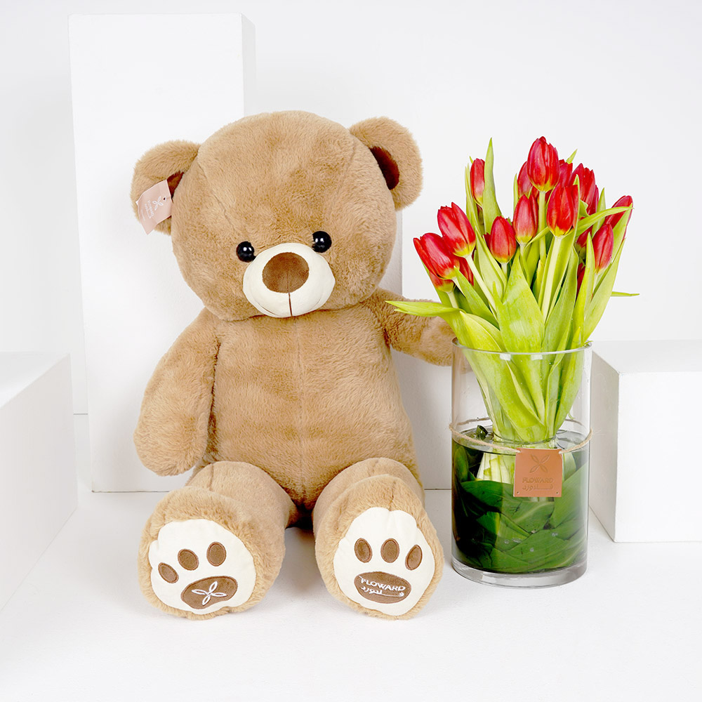 مزهرية توليب احمر | دمية دب متوسطة الحجم