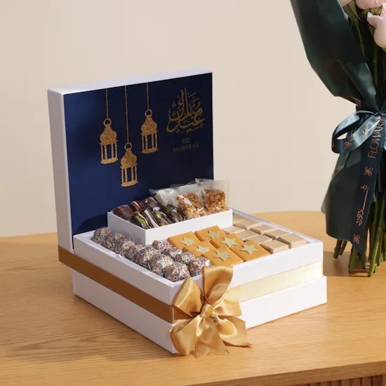 Le Chocolatier Dubai Eid Mubarak Sweets and Chocolate Box | Radiant Shiny Flowers