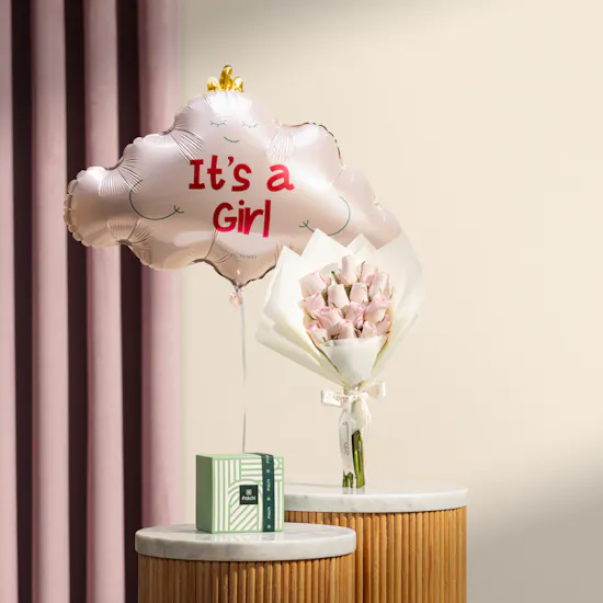 Patchi Classic Chocolate Box | Roses Bouquet and It’s A Girl Pink Cloud Balloons