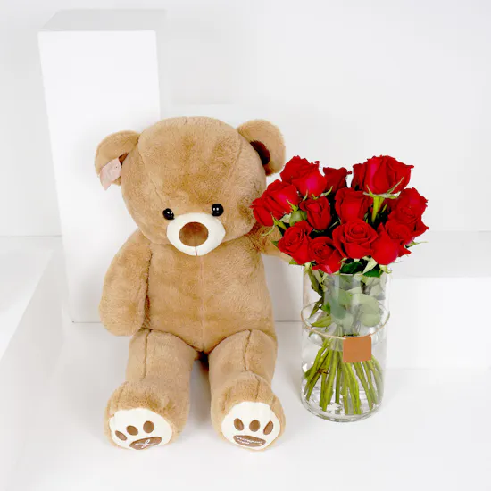 Floward Medium Teddy Bear | Red Roses Vase