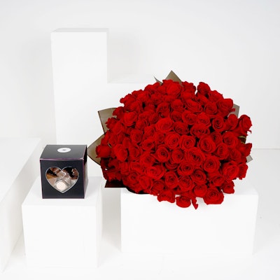 100 Red Roses Hand Bouquet with a medium Chocolate Box