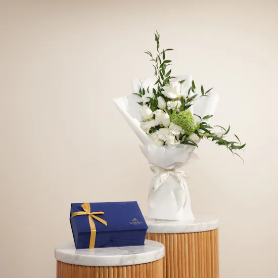 Godiva Small Navy Blue Royal Chocolate Box | White Flower Bouquet