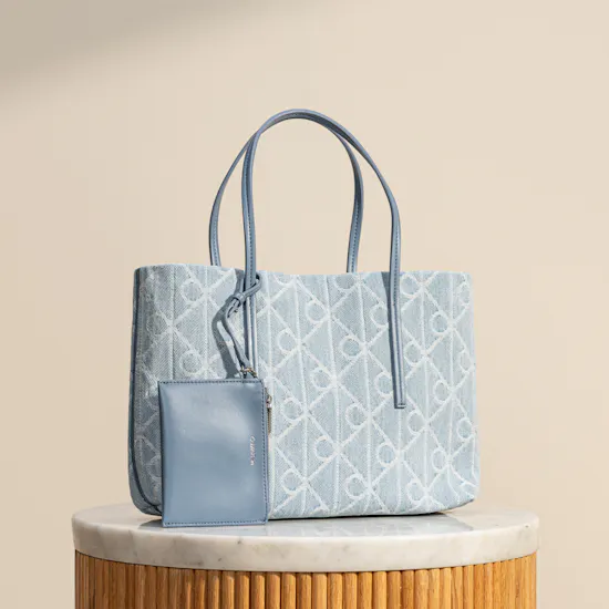 Calvin Klein Allover Emblem Logo Denim Small Women’s Tote Bag