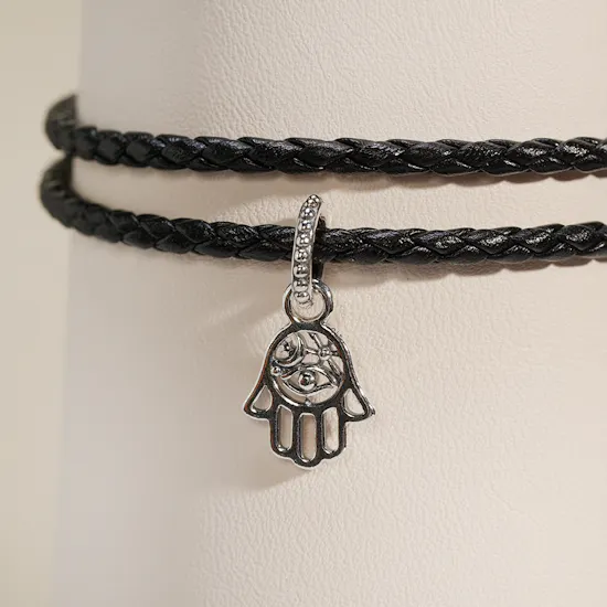 Pandora Black Braided Double Leather Women’s Bracelet with Hamsa Dangle Charm Set