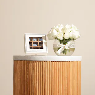 Ghazl Chocolatier Baby Boy Mini Chocolate Box | Serene White Roses Vase