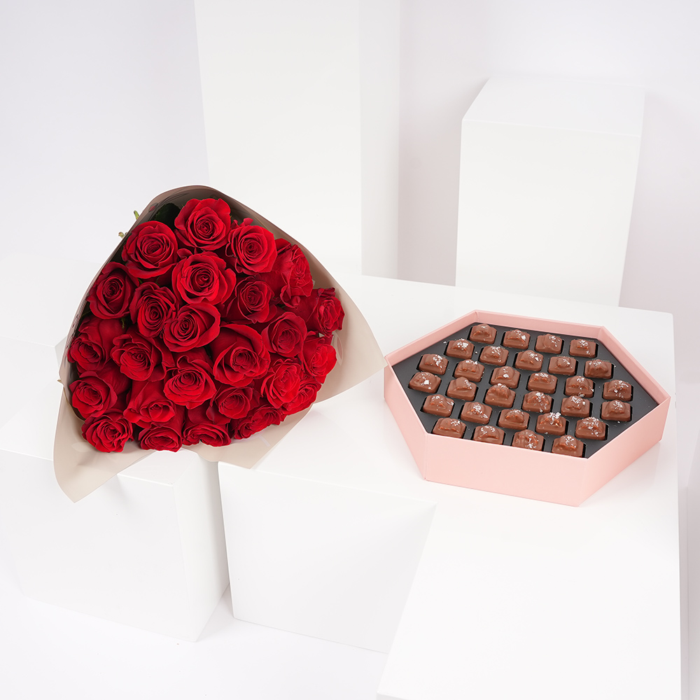 صندوق شوكولاتة البيكان من هنوفيرين | الجوري الرومانسية