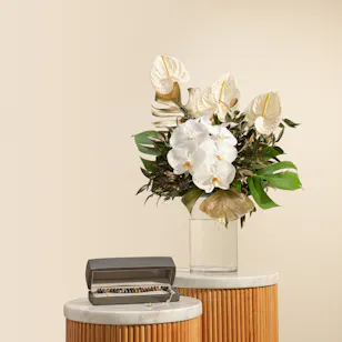 Zayan Tiger Eye Stone Rosary with Silver | Sophisticated White Flower Vase