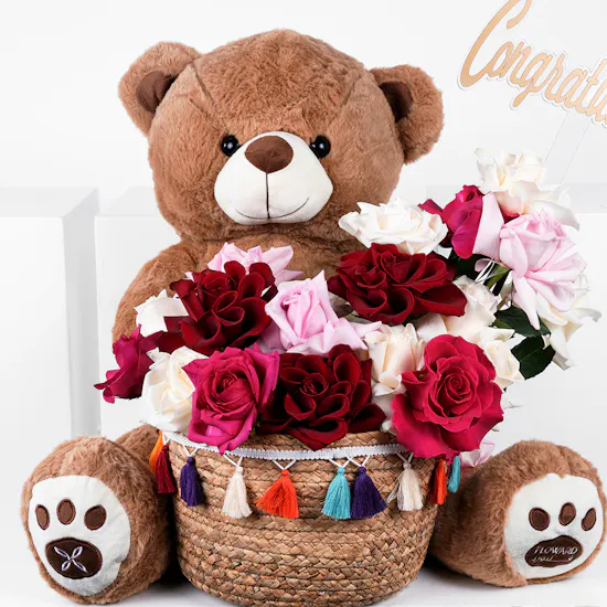 Congratulations for New Beginnings | Flowers and Teddy Bear