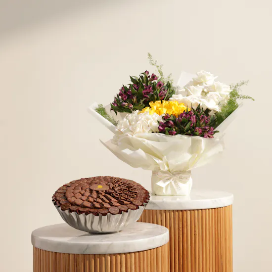 Abucci Elegant Chocolate Silver Tray | Golden Flower Bouquet
