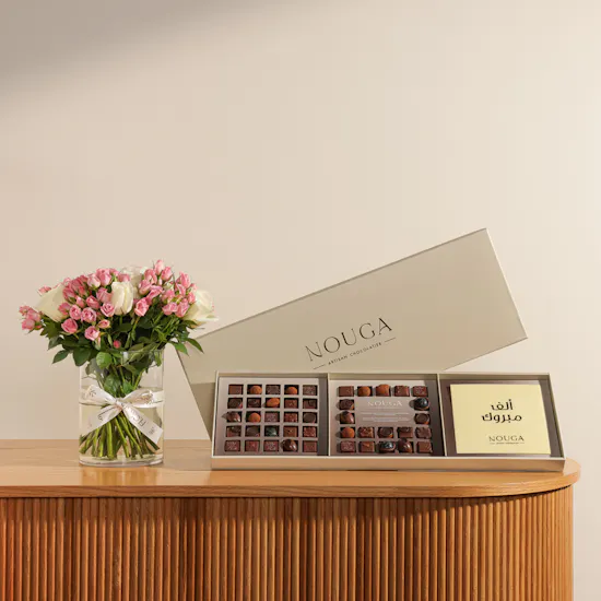 Nouga Congrats Bonbons Chocolates Classic Trio Box | Celebration Moment Flower Vase