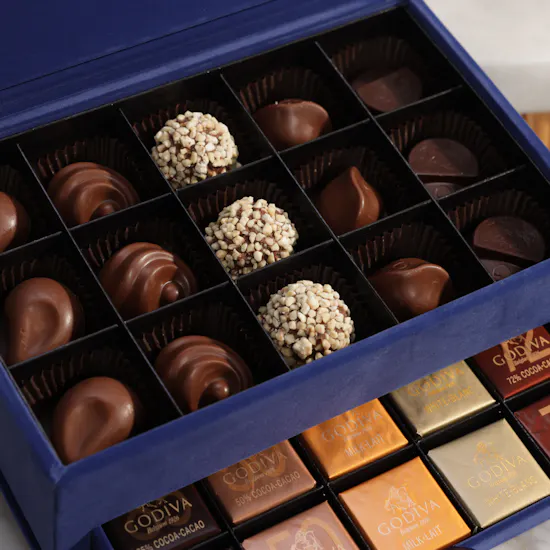 Godiva Small Navy Blue Royal Chocolate Box | White Flower Bouquet