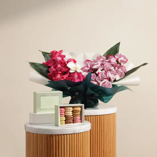 Ladurée Napoleon Mixed Macarons Box | Pink Flowers Bouquet