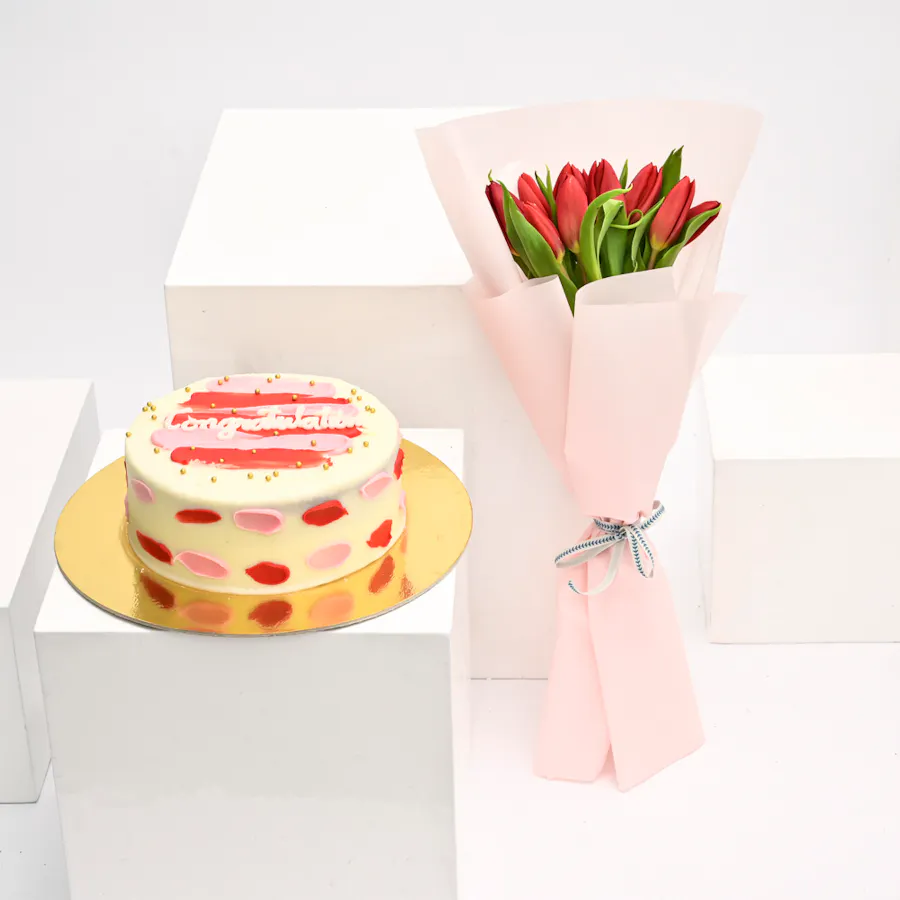 Helen's Bakery Congratulations Cake with 12 Red Tulips Bouquet 2