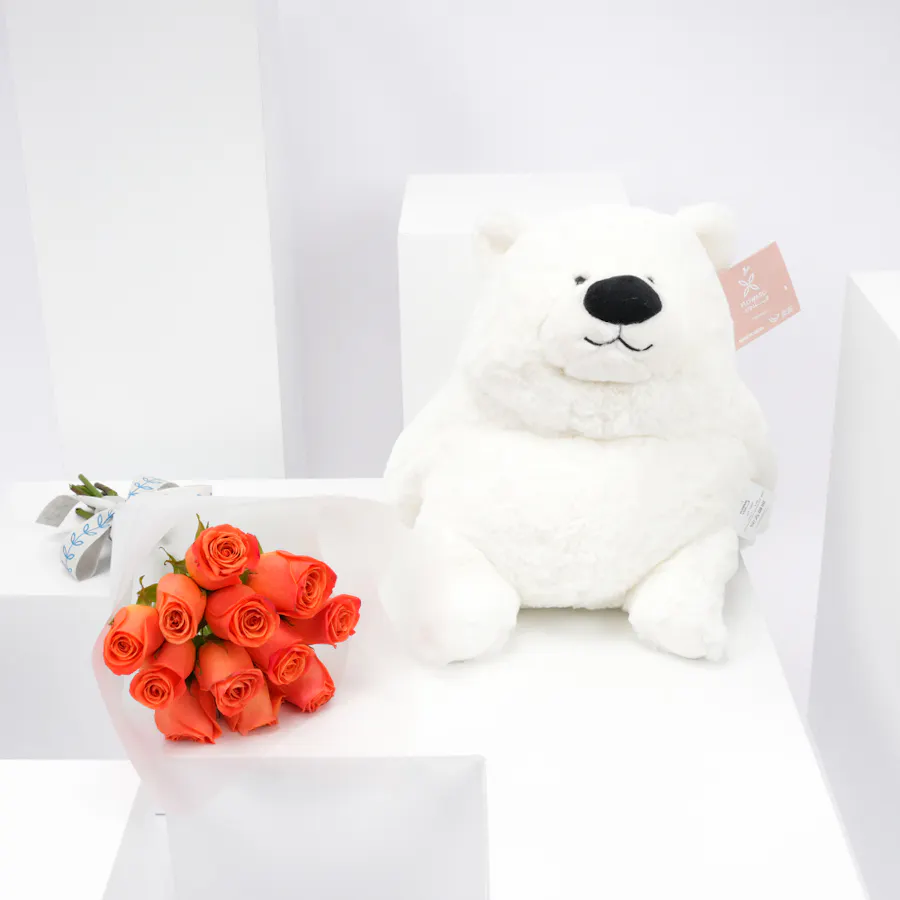 Floward Plush Bear with 12 Orange Roses Bouquet 3