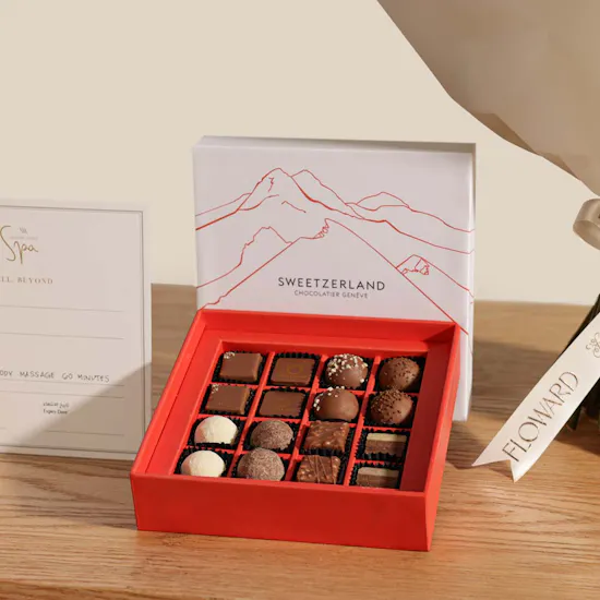 Waldorf Astoria Spa Relaxing Body Massage Gift Voucher | Sweetzerland Chocolate Box and Flowers