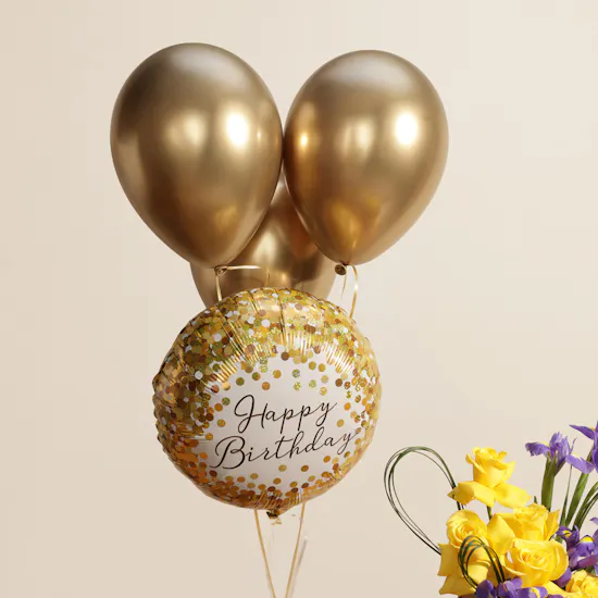 Abucci Golden Chocolate Tray and Flowers | Birthday Balloon Set