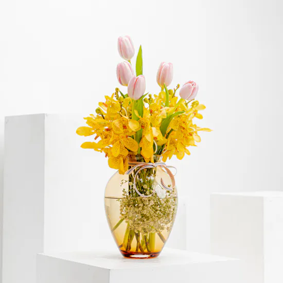 Pink Tulip & Yellow Orchid | Glass Vase