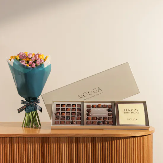 Nouga Happy Birthday Bonbons Chocolates Classic Trio Box | Happiness Flower Bouquet