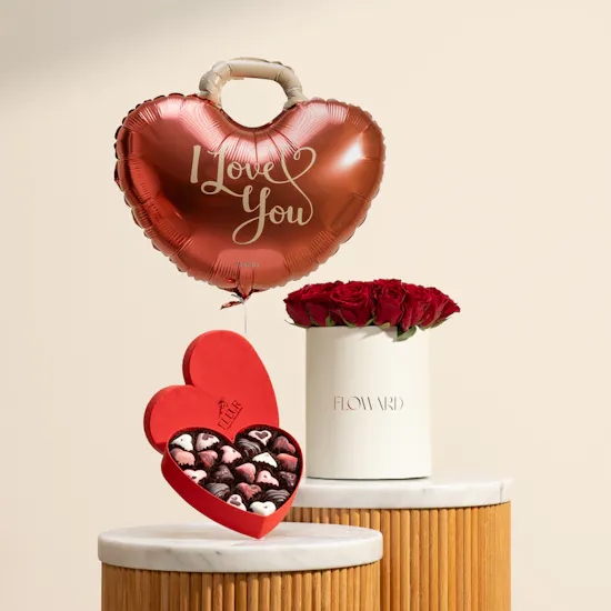 Fleur Red Heart Chocolate Box | Glam Roses and I Love You Ballon