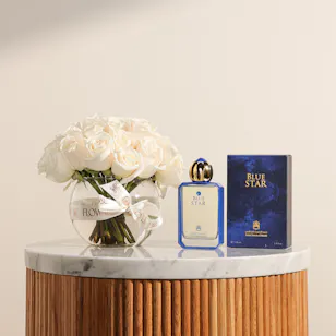 Abdul Samad Al Qurashi Blue Star EDP for Men | Serene White Roses Vase