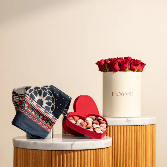 Fleur Red Heart Chocolate Box and Emma Scarf | Elegant Flowers