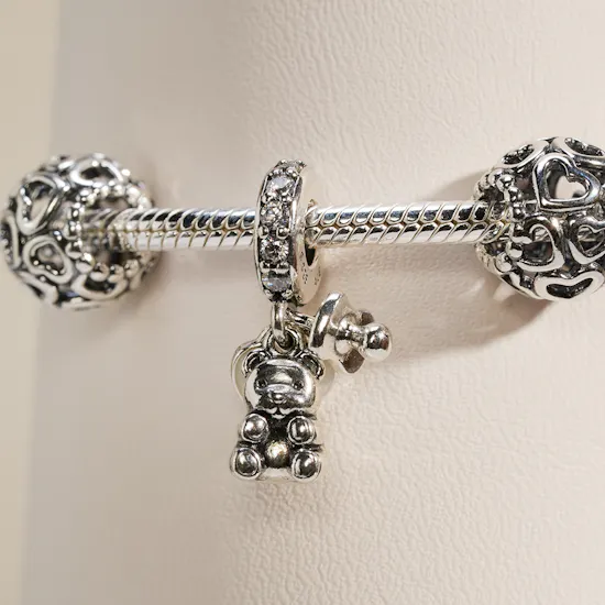 Pandora Heart Chain with Heart and Teddy Bear Dangle Charms Bracelet Set